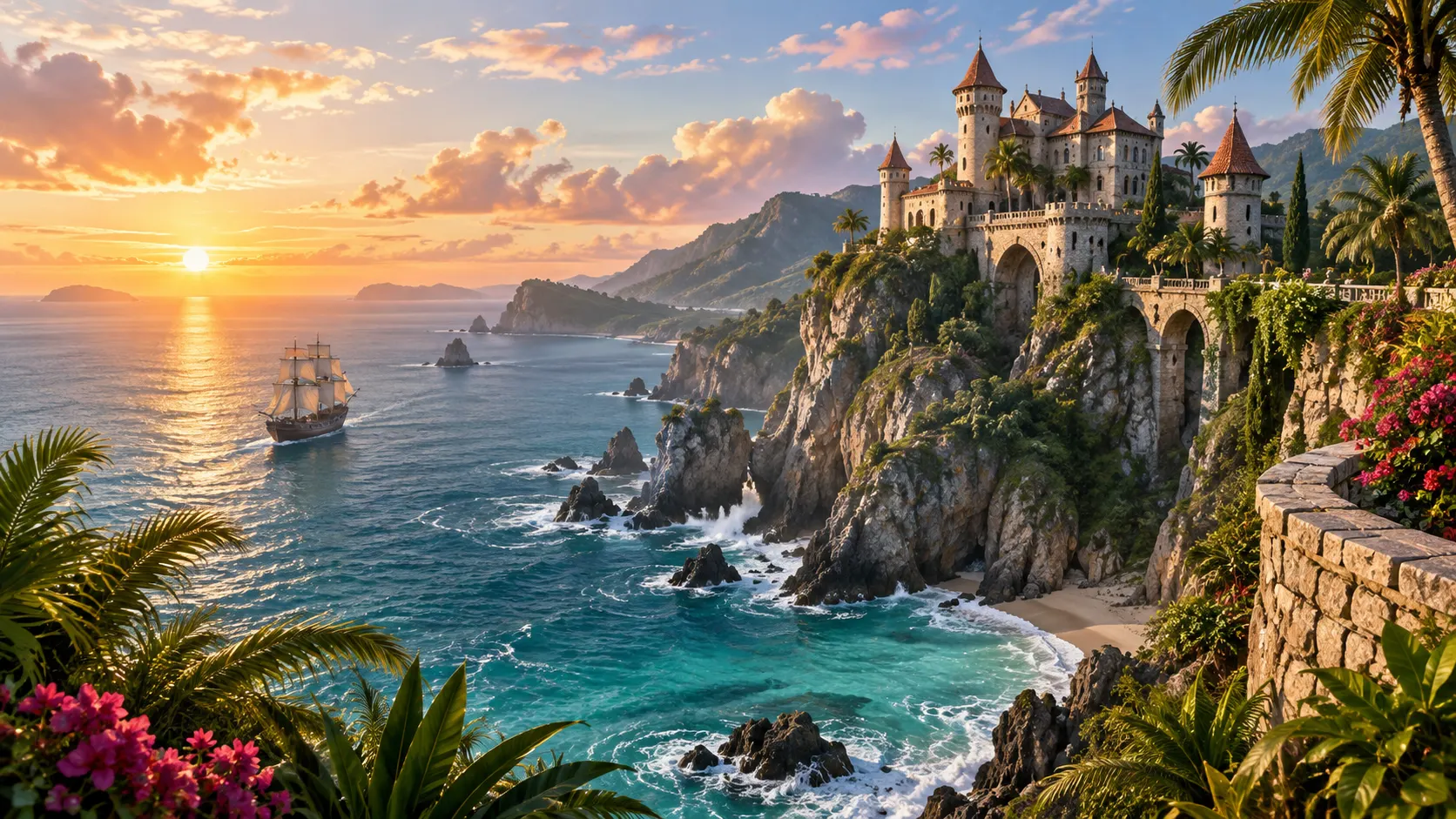 A romantic coastal castle above waves and a sailing ship