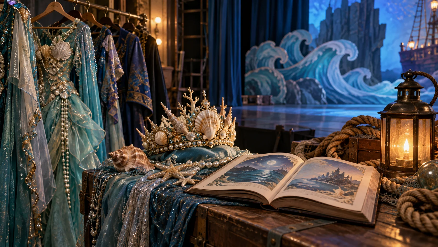 Ocean-inspired theater costumes and props backstage