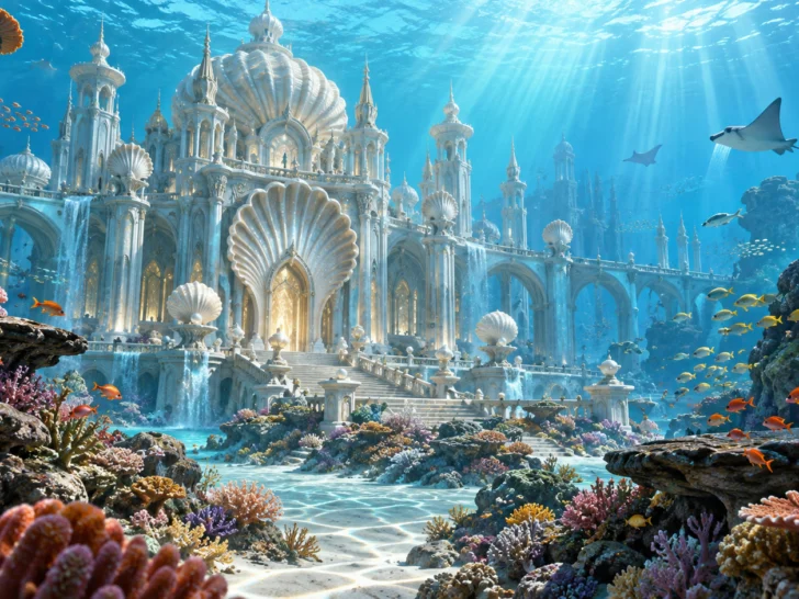 A grand underwater palace surrounded by coral and tropical fish