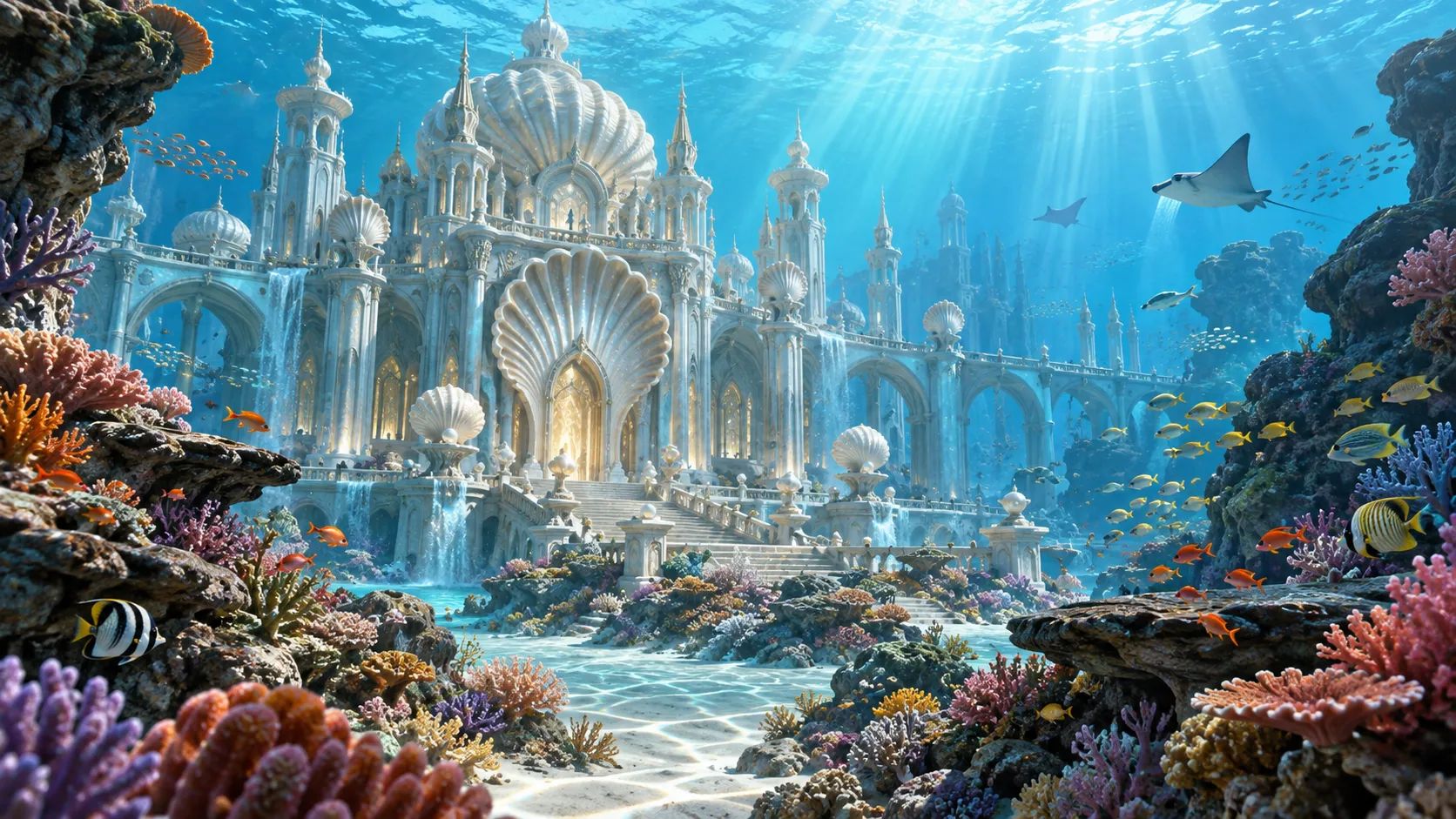 A grand underwater palace surrounded by coral and tropical fish