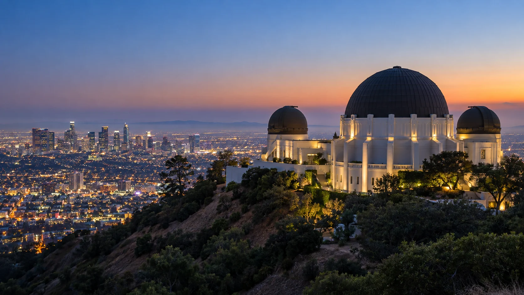 Griffith Observatory overlooks Los Angeles at blue hour