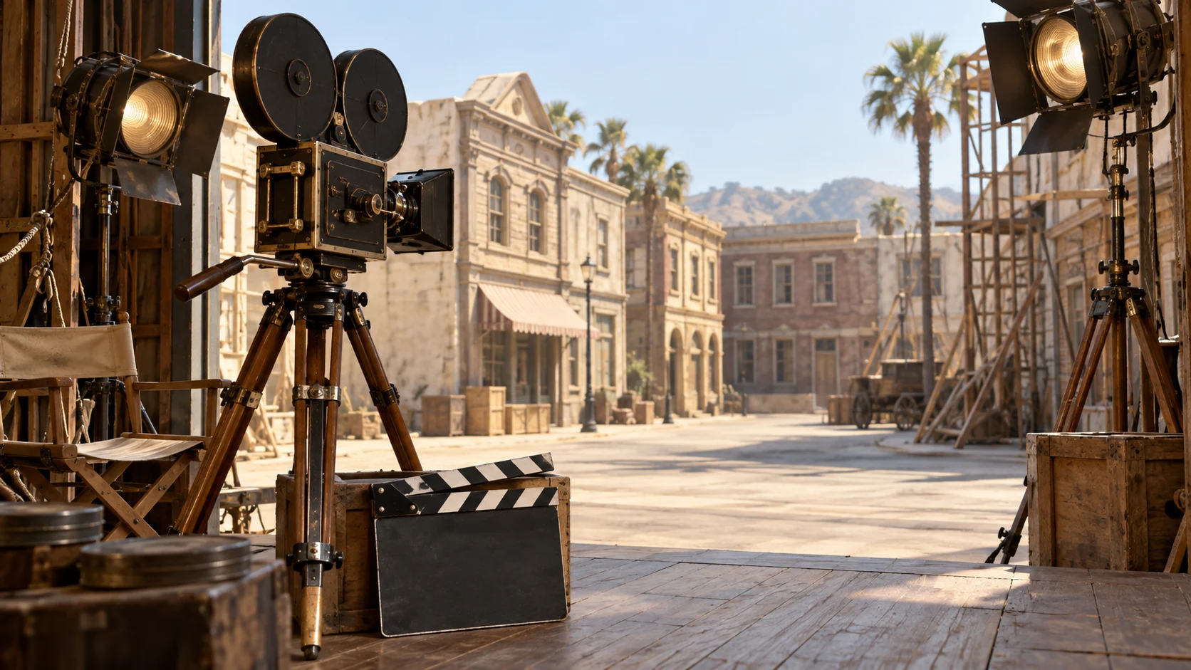 A vintage movie camera faces an empty 1920s film set