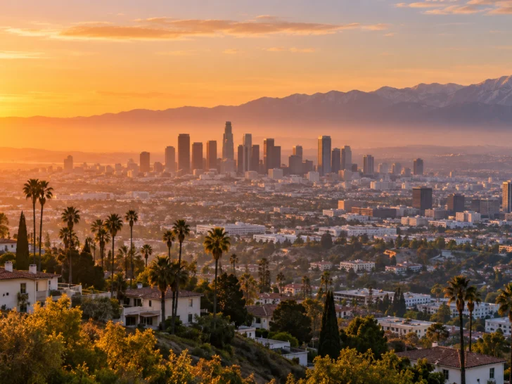Downtown Los Angeles and the San Gabriel Mountains glow at sunrise