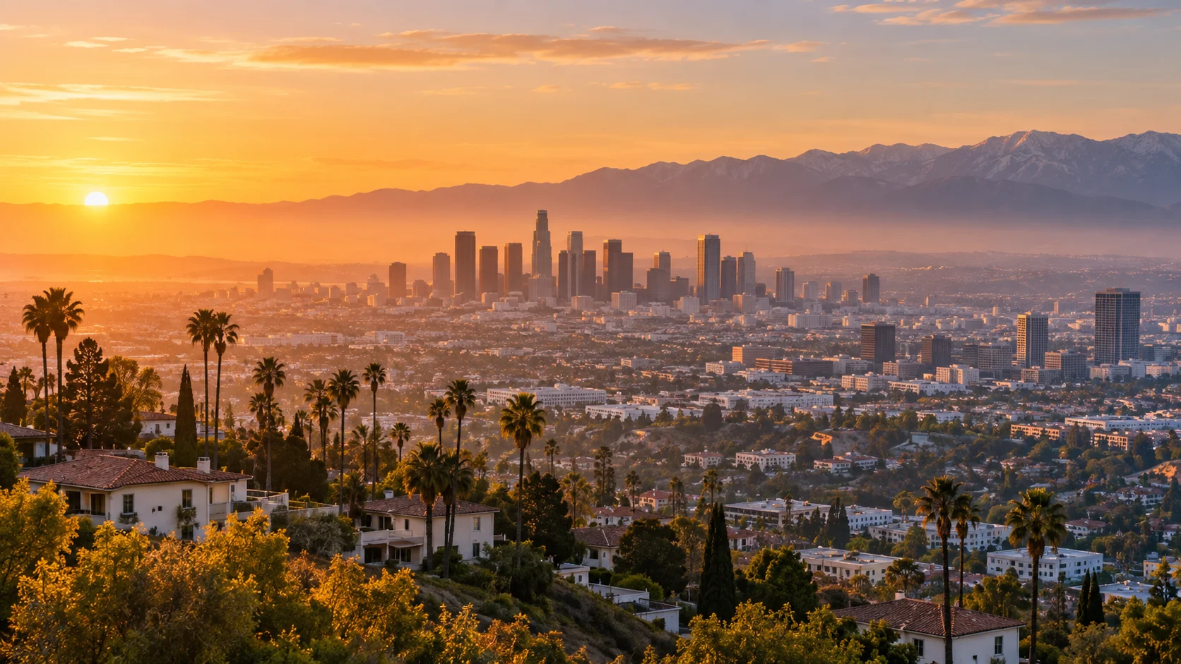 Downtown Los Angeles and the San Gabriel Mountains glow at sunrise