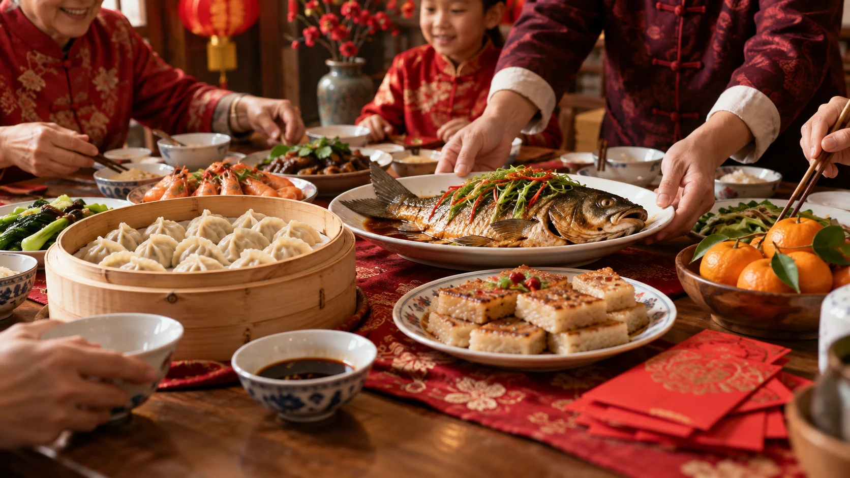 Reunion dinner table with dumplings fish rice cakes and tangerines