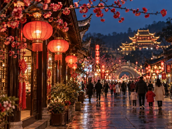 Festive East Asian street glowing with red lanterns at night