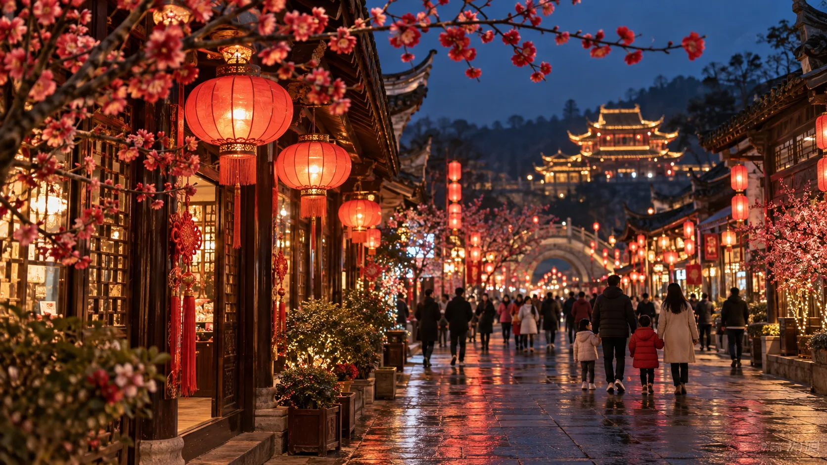 Festive East Asian street glowing with red lanterns at night