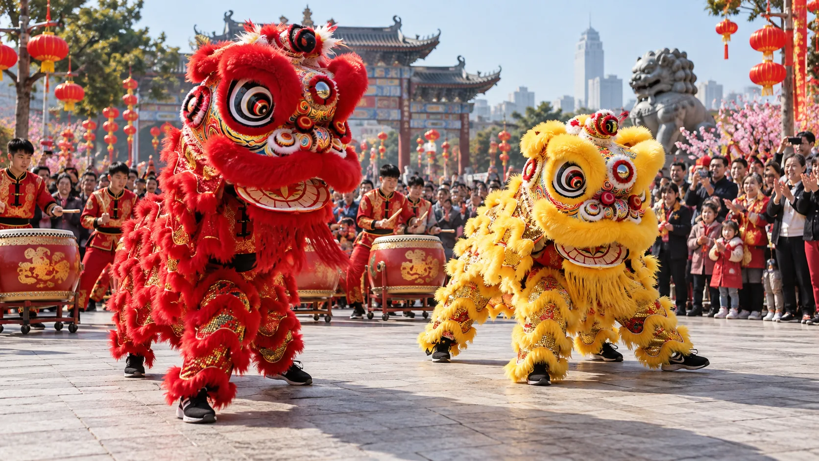 Traditional lion dance performance with drummers in a public square