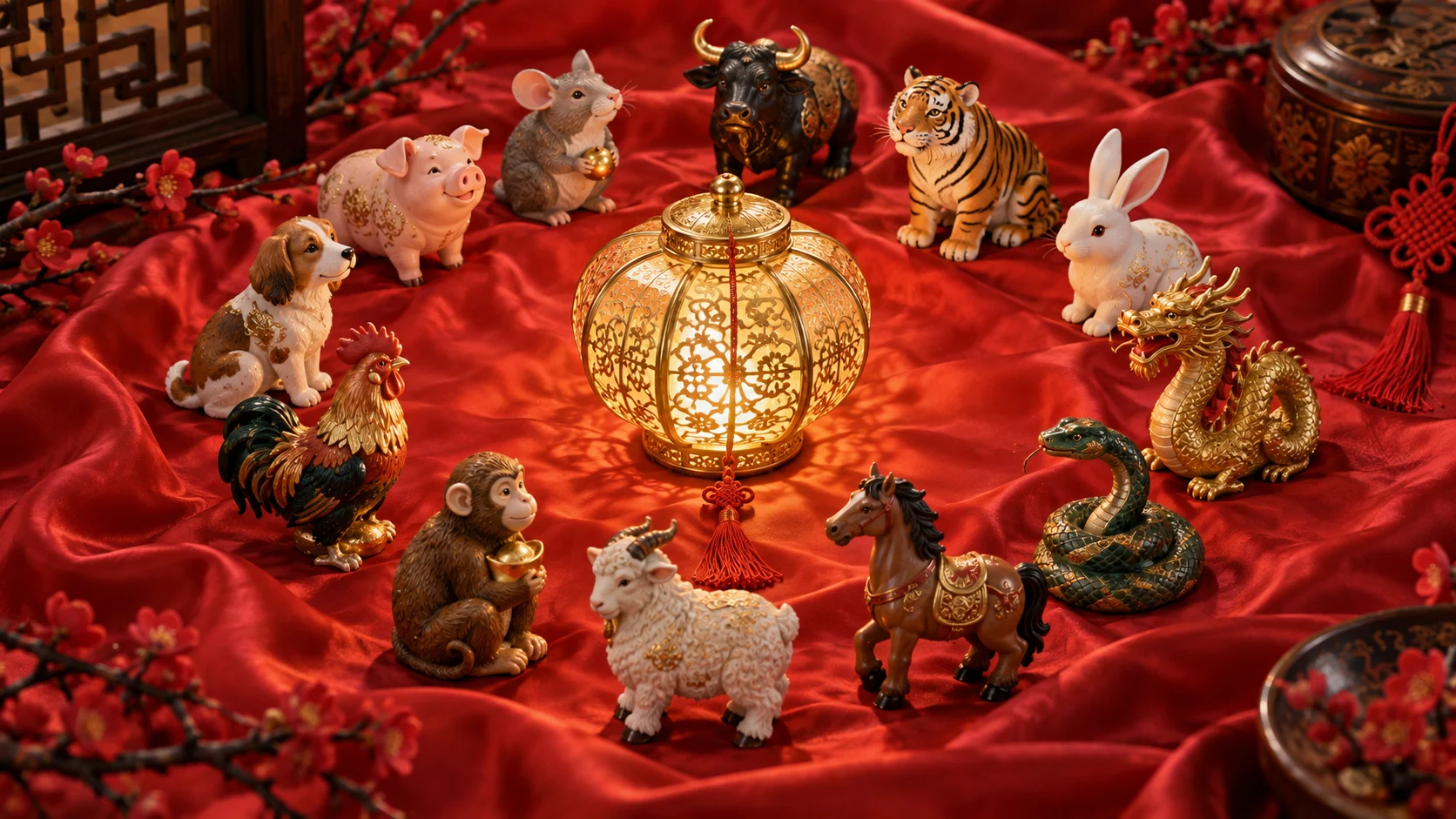 Twelve Chinese zodiac animal figurines arranged on red silk