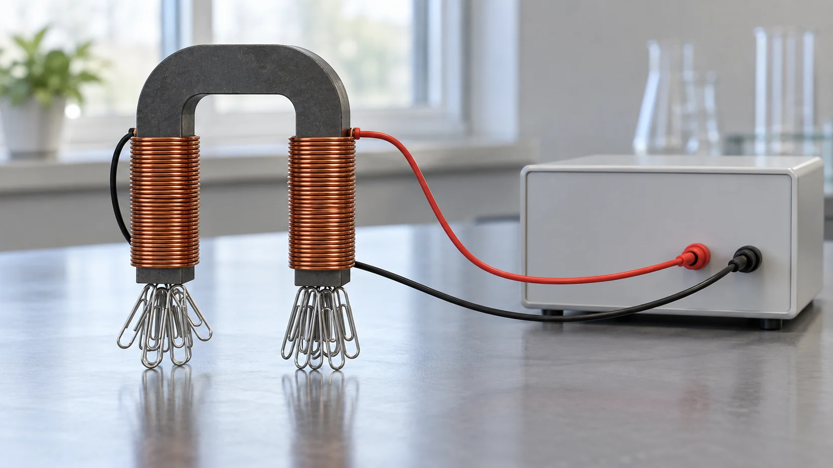 A powered U-shaped electromagnet lifting clusters of steel paper clips