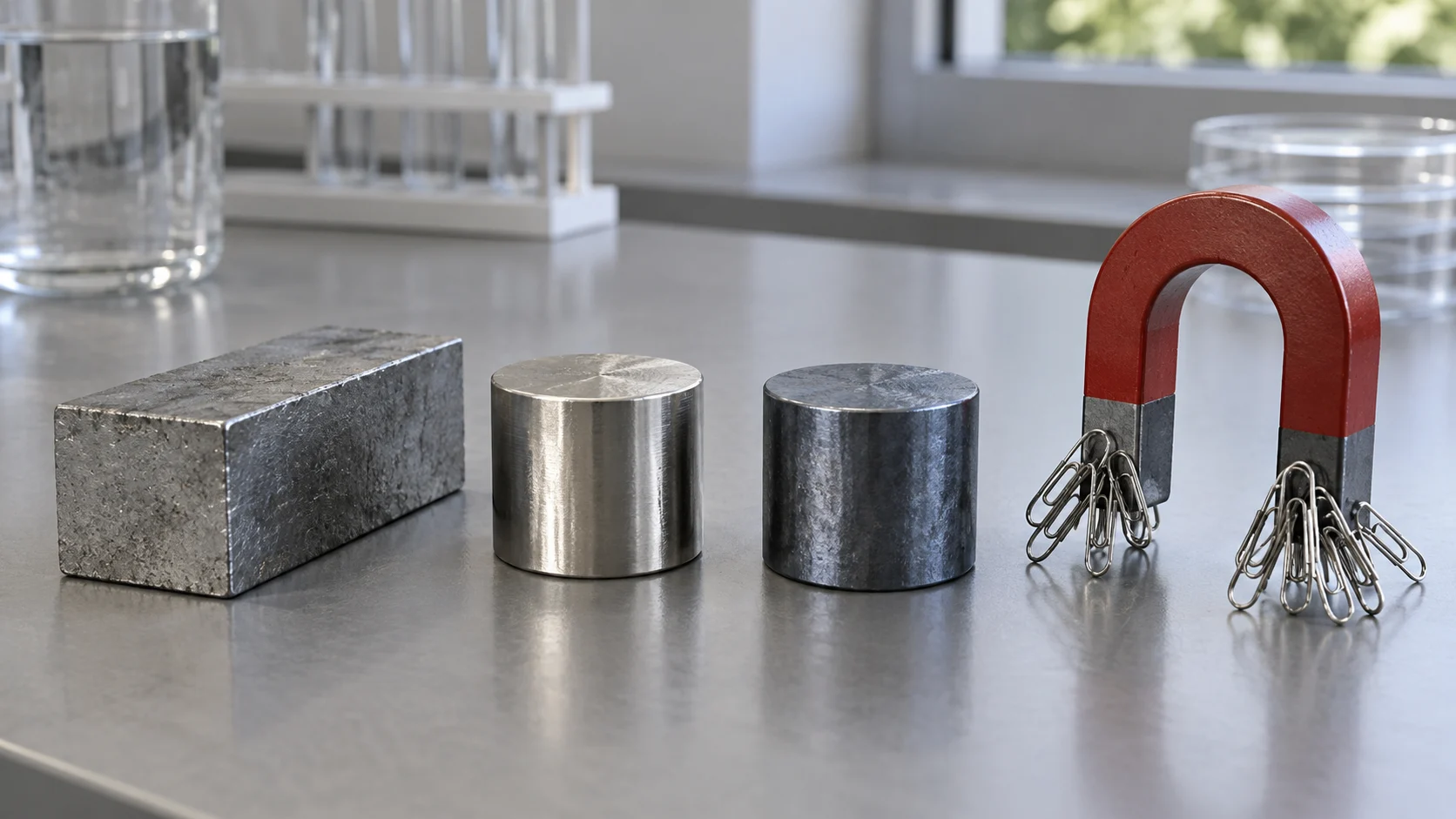 Metal specimens and paper clips beside a horseshoe magnet
