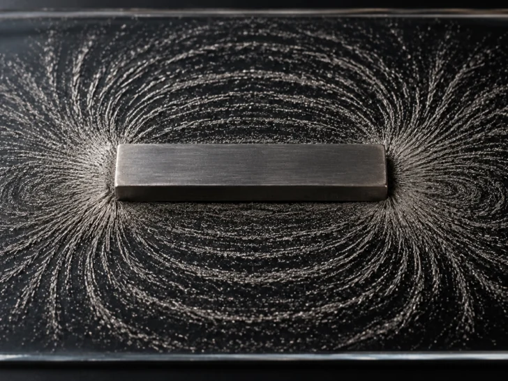Iron filings tracing curved field lines around a bar magnet