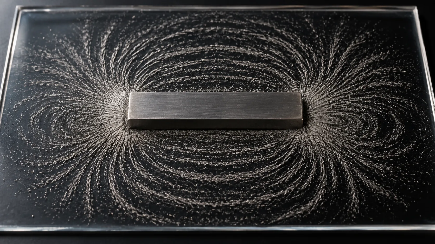 Iron filings tracing curved field lines around a bar magnet