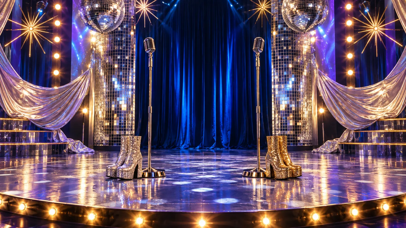Glitter platform boots and vintage microphones on a blue disco-inspired musical stage