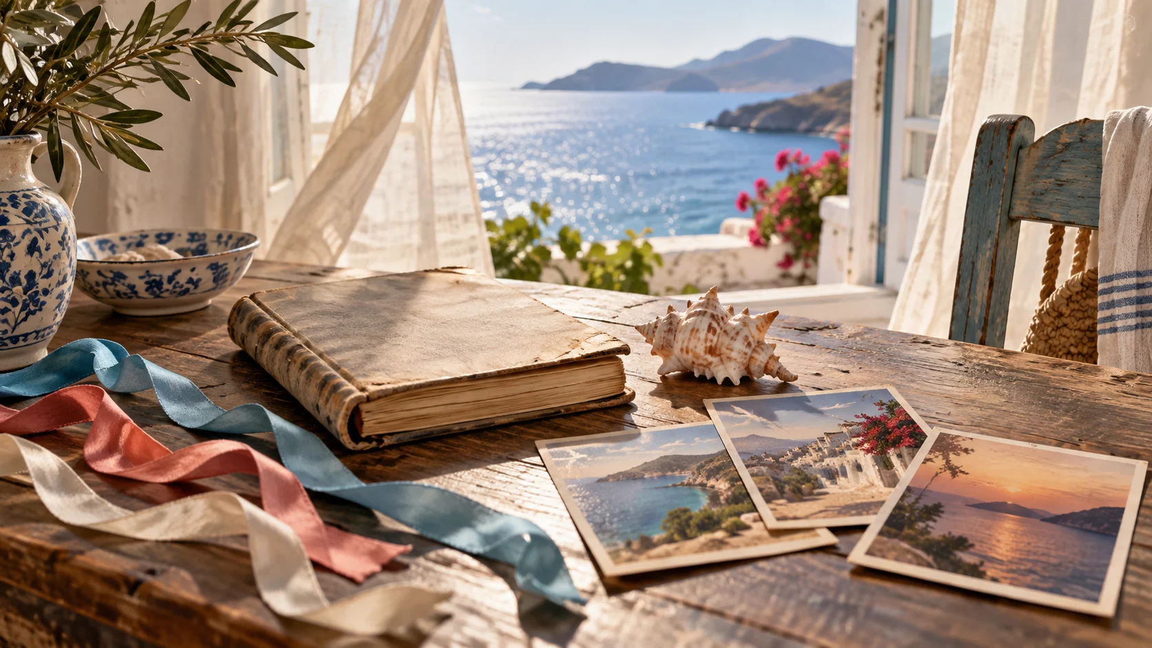 Old diary, three island postcards, seashell, and colorful ribbons on a sunlit table
