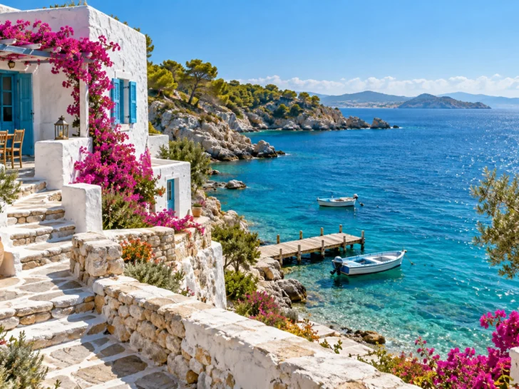Whitewashed Greek island villa overlooking a turquoise Aegean harbor