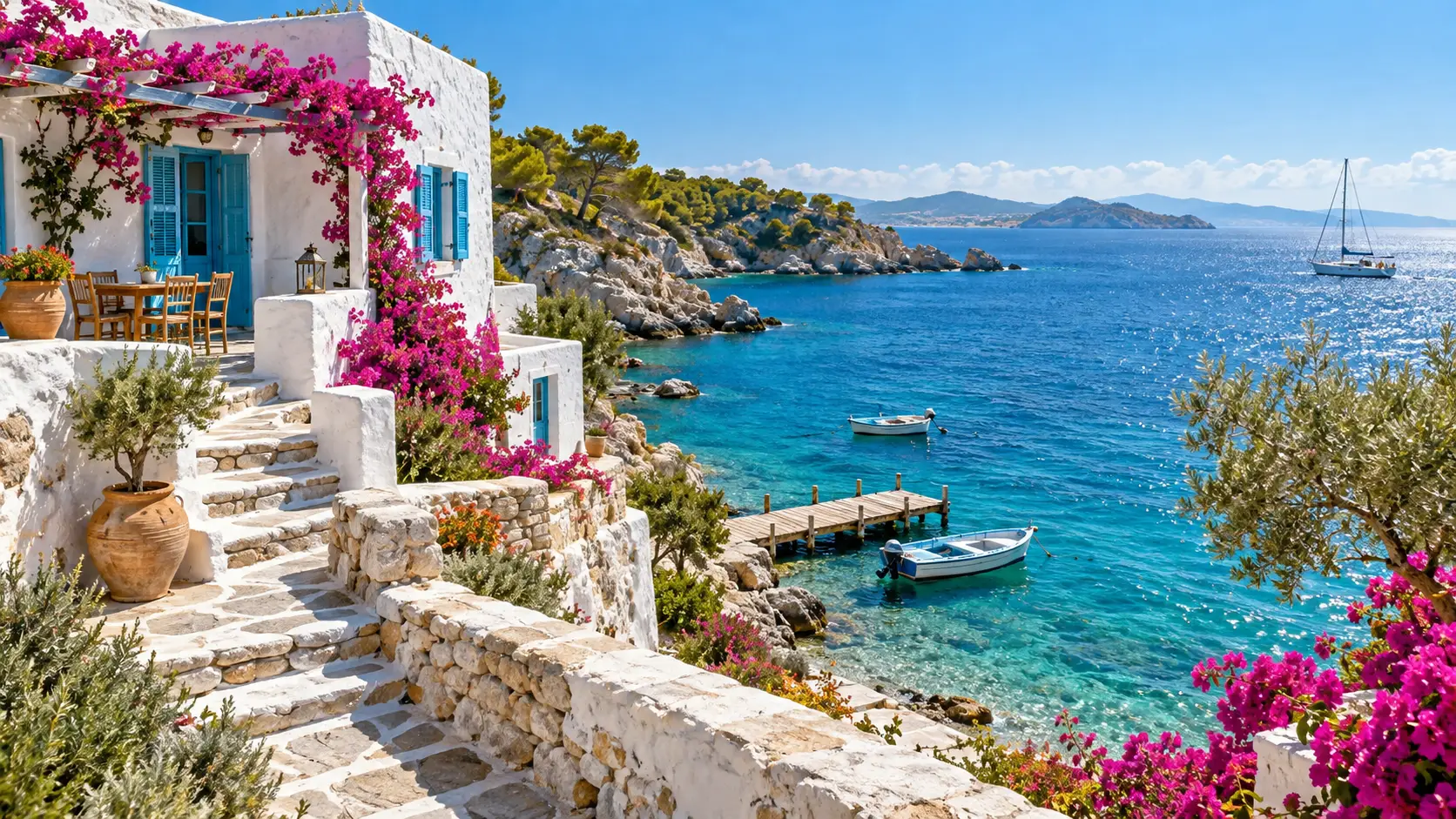 Whitewashed Greek island villa overlooking a turquoise Aegean harbor