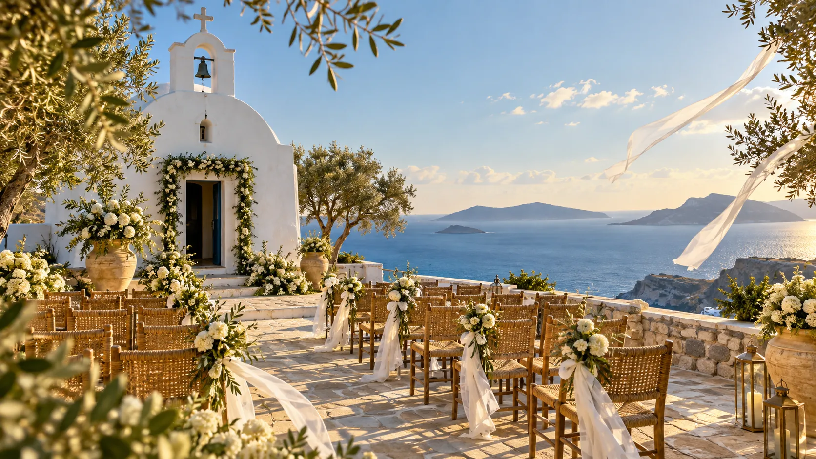 Greek island wedding terrace with a white chapel, woven chairs, flowers, and sea views