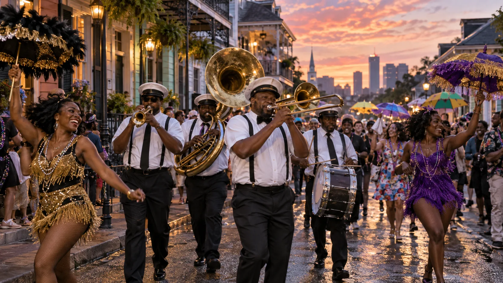 New Orleans brass band marching through a festive neighborhood