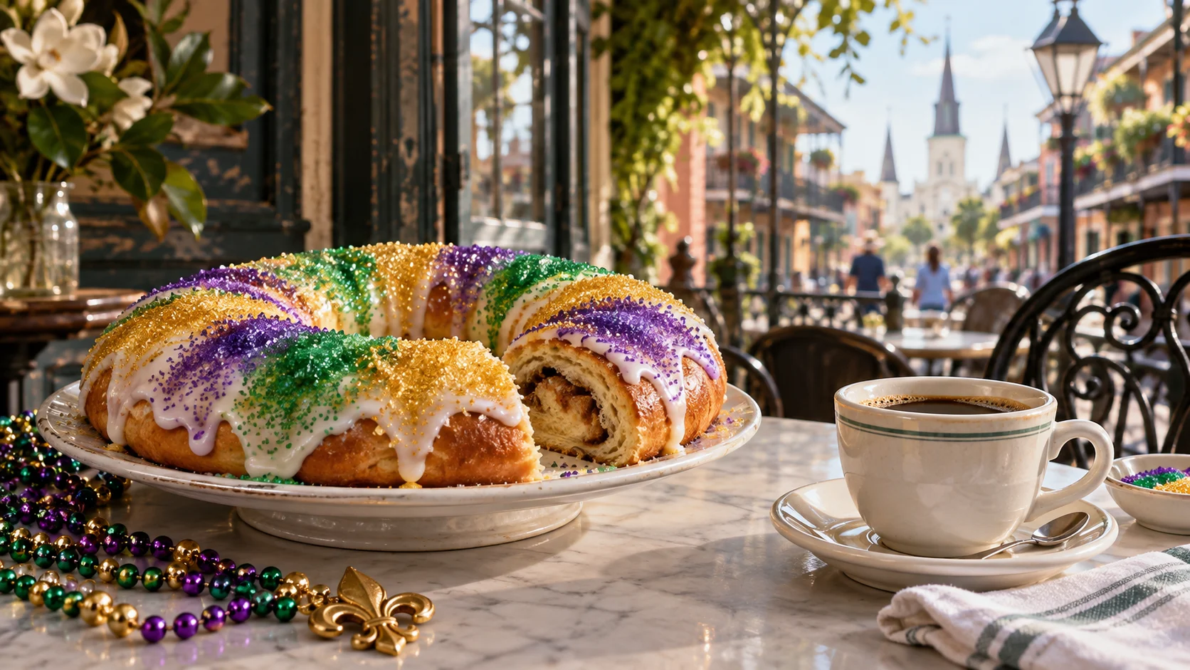 Traditional king cake beside chicory coffee in a New Orleans cafe
