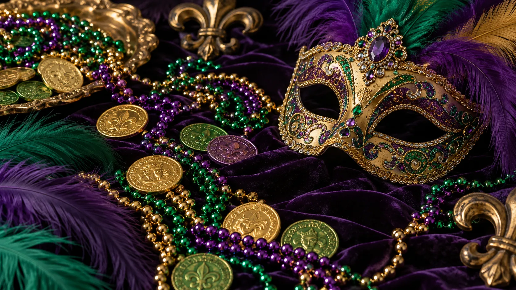 Jeweled carnival mask beads feathers and doubloons on velvet