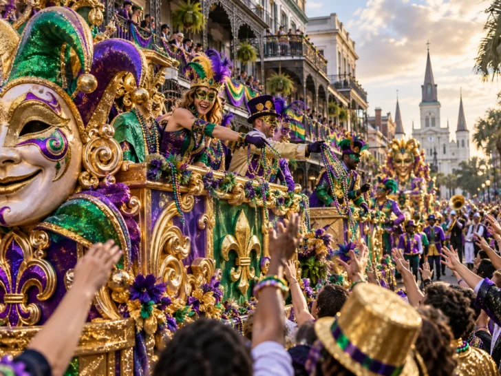Colorful Mardi Gras parade rolling through historic New Orleans
