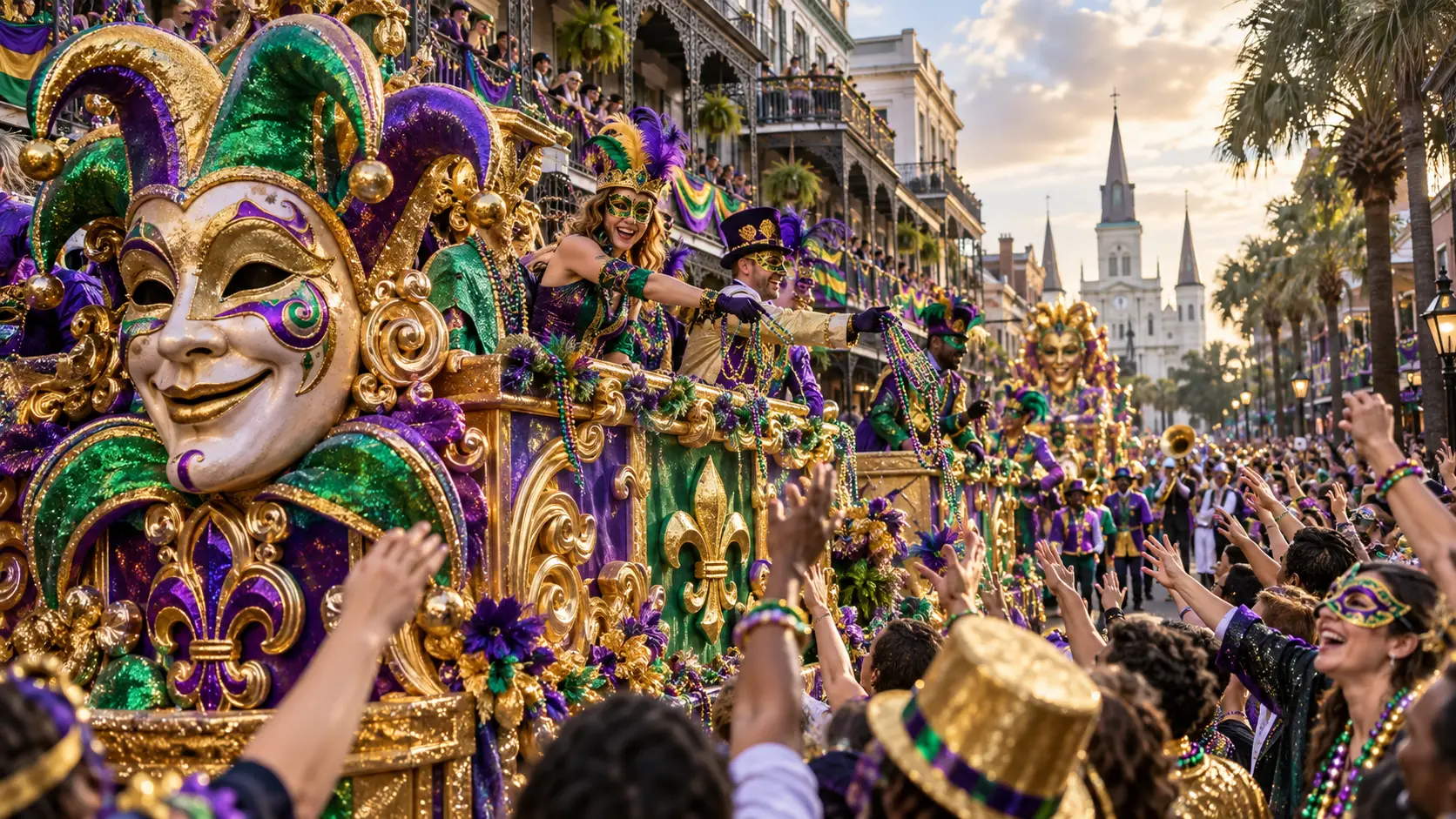 Colorful Mardi Gras parade rolling through historic New Orleans