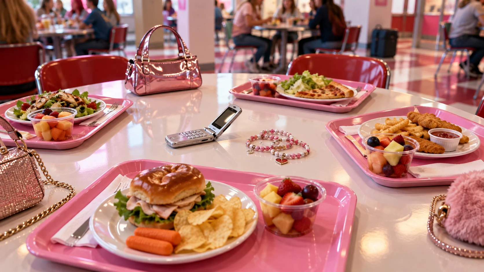 Four pink lunch trays, a flip phone, and friendship bracelets on a high school cafeteria table