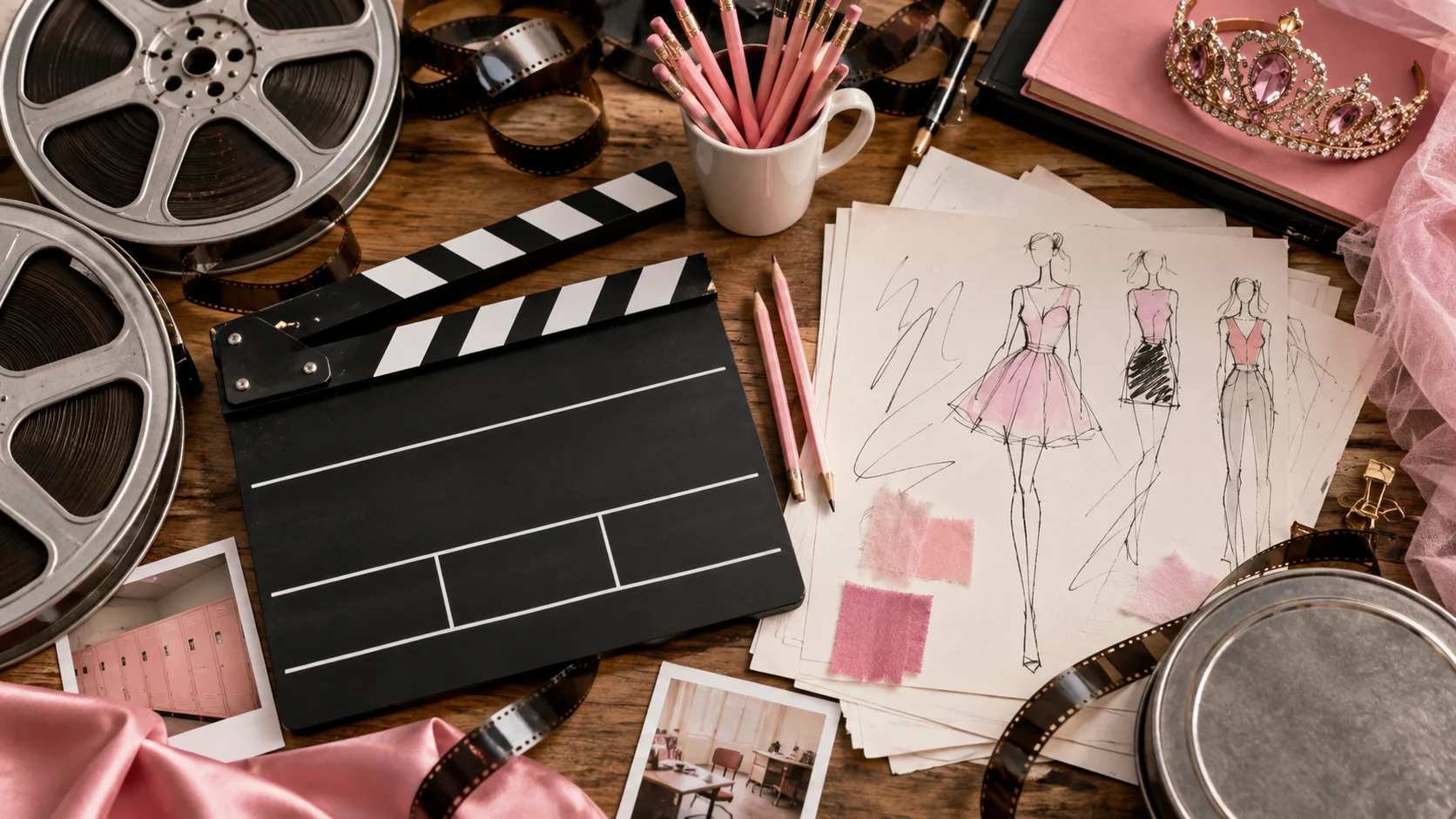 Film reels, blank clapperboard, pink pencils, costume sketches, and a jeweled crown on a worktable