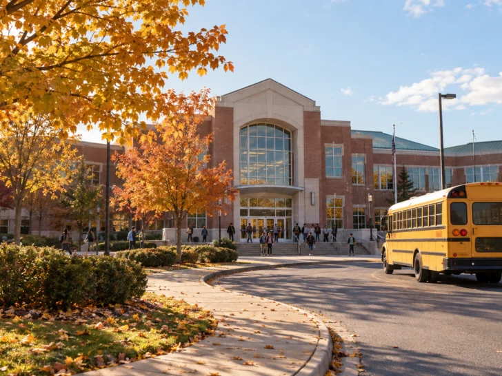Suburban high school entrance and yellow bus on a bright autumn morning