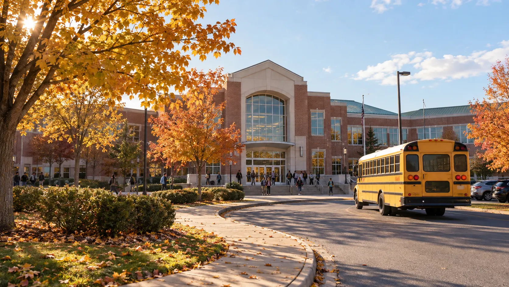 Suburban high school entrance and yellow bus on a bright autumn morning
