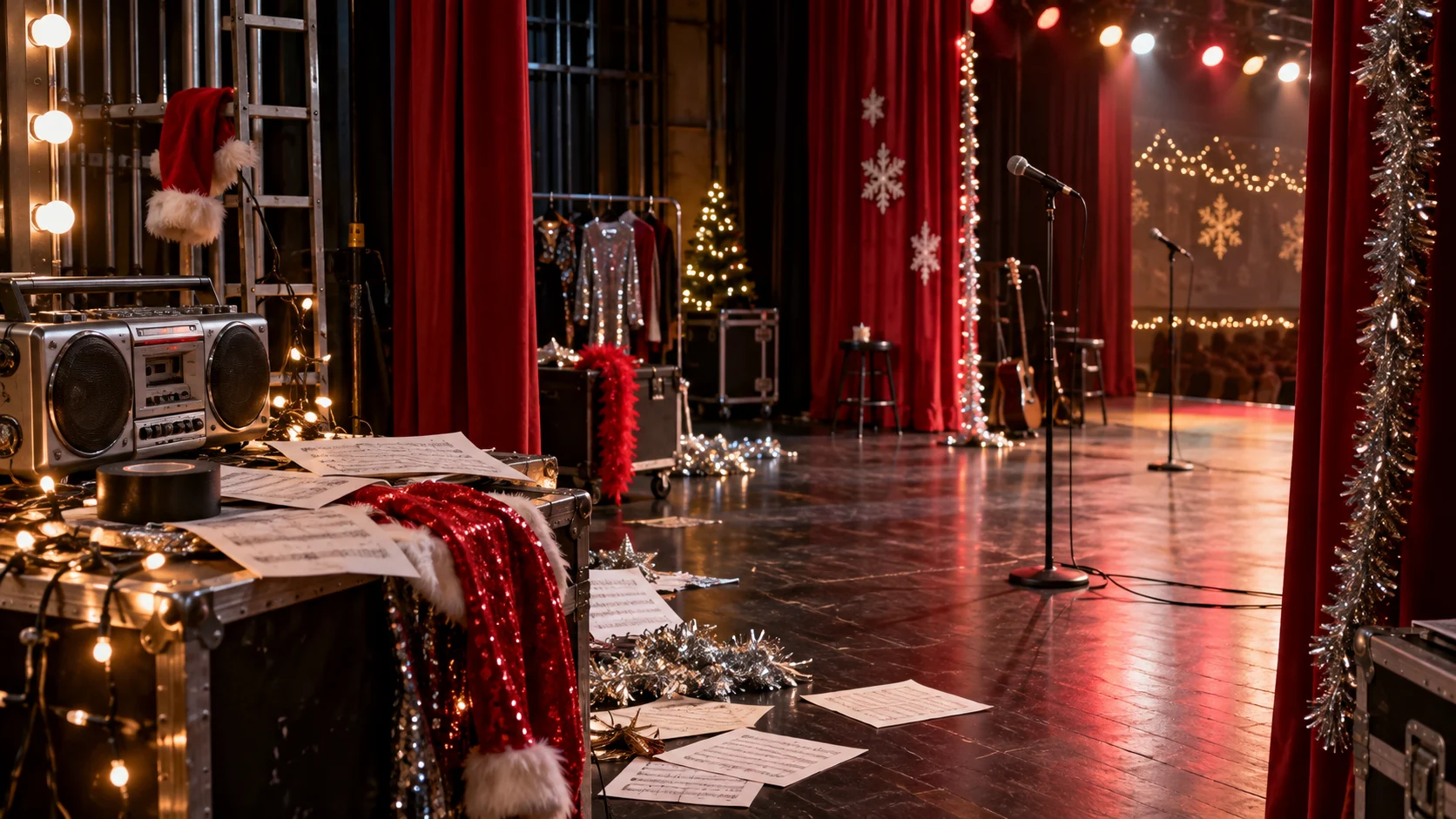 Festive high school talent show stage with red curtains, microphones, and silver tinsel
