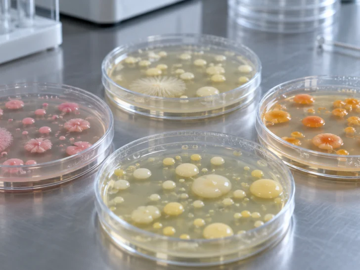 Agar dishes displaying varied microbial colony shapes and colors