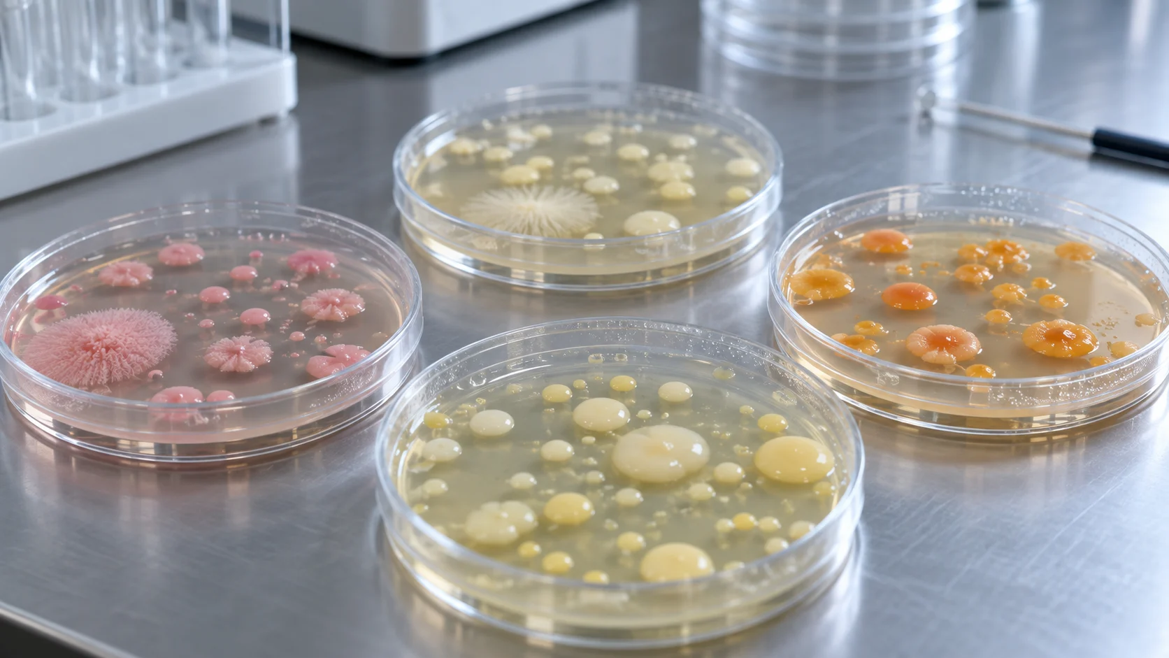 Agar dishes displaying varied microbial colony shapes and colors