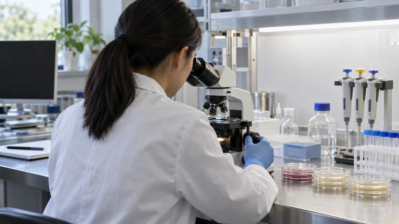 Scientist viewing samples through a compound microscope in a microbiology lab