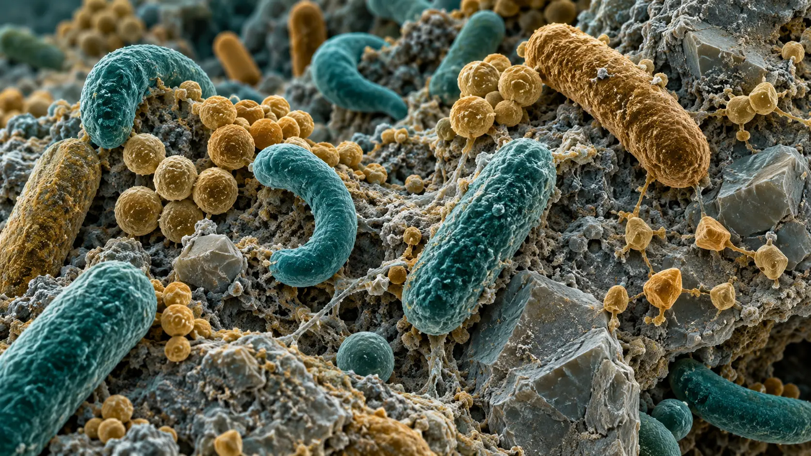 False-color microscopic view of varied microbes on a mineral surface