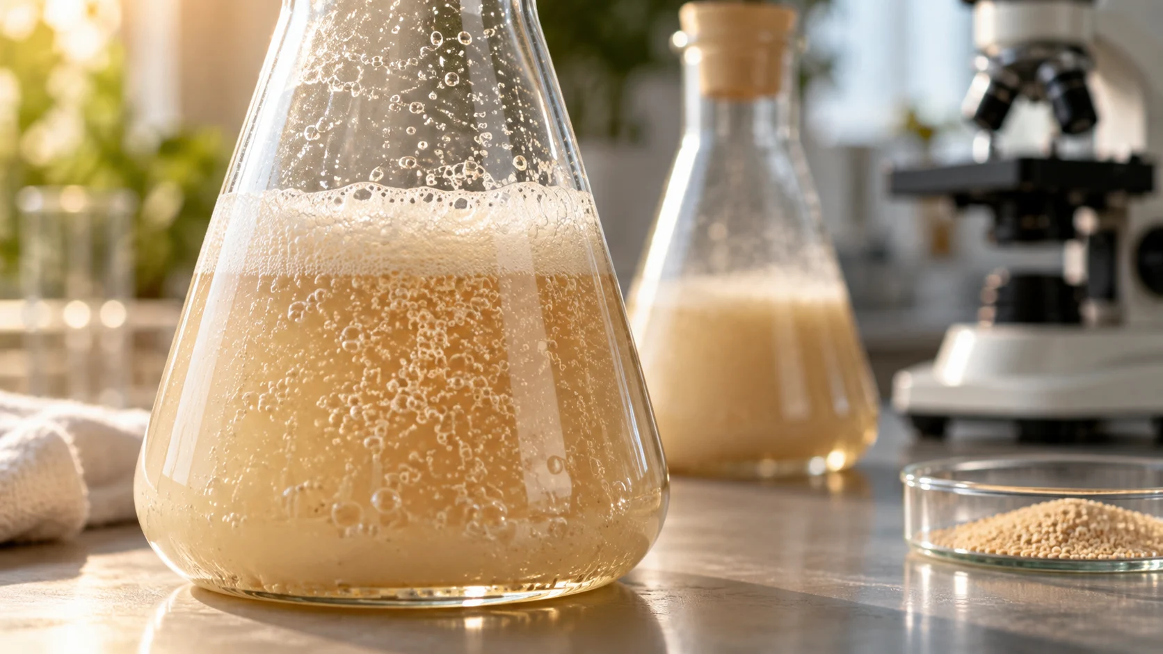 Fine carbon dioxide bubbles rising through a flask of fermenting yeast