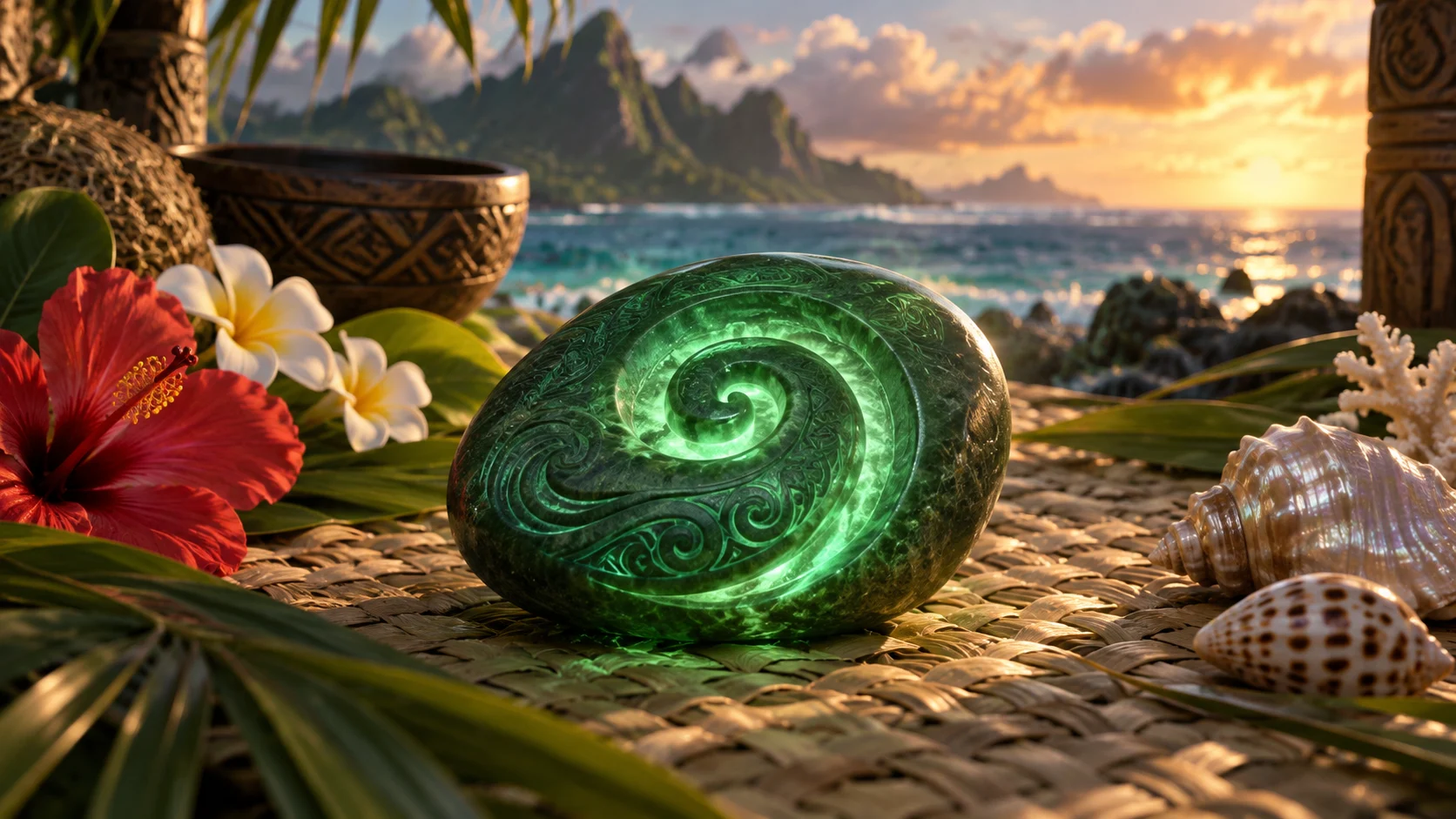 Glowing green spiral stone on woven mat with tropical flowers and shells
