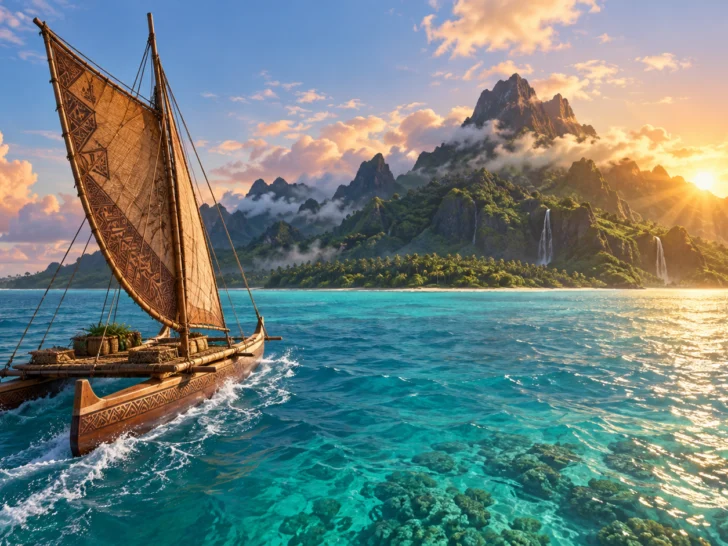 Polynesian-inspired sailing canoe crossing turquoise water toward a volcanic island