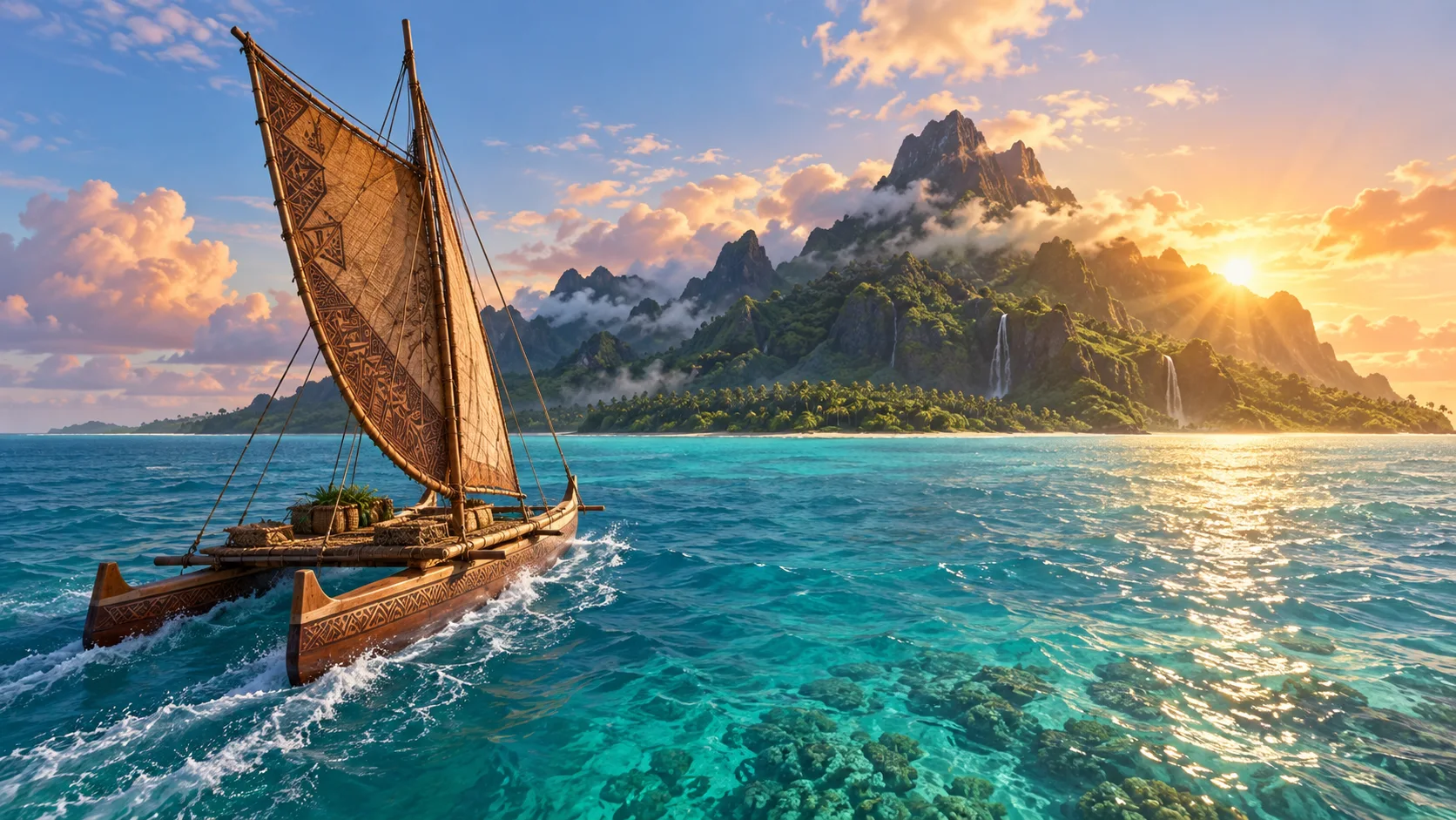 Polynesian-inspired sailing canoe crossing turquoise water toward a volcanic island