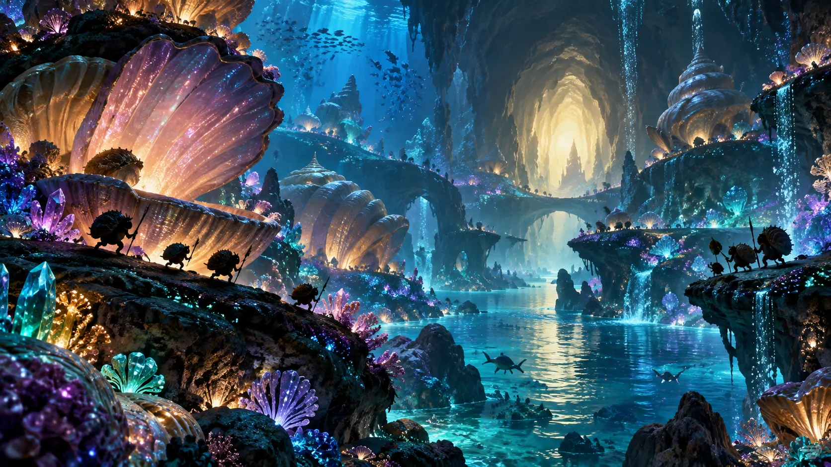 Bioluminescent underwater cavern filled with giant shells and jeweled coral