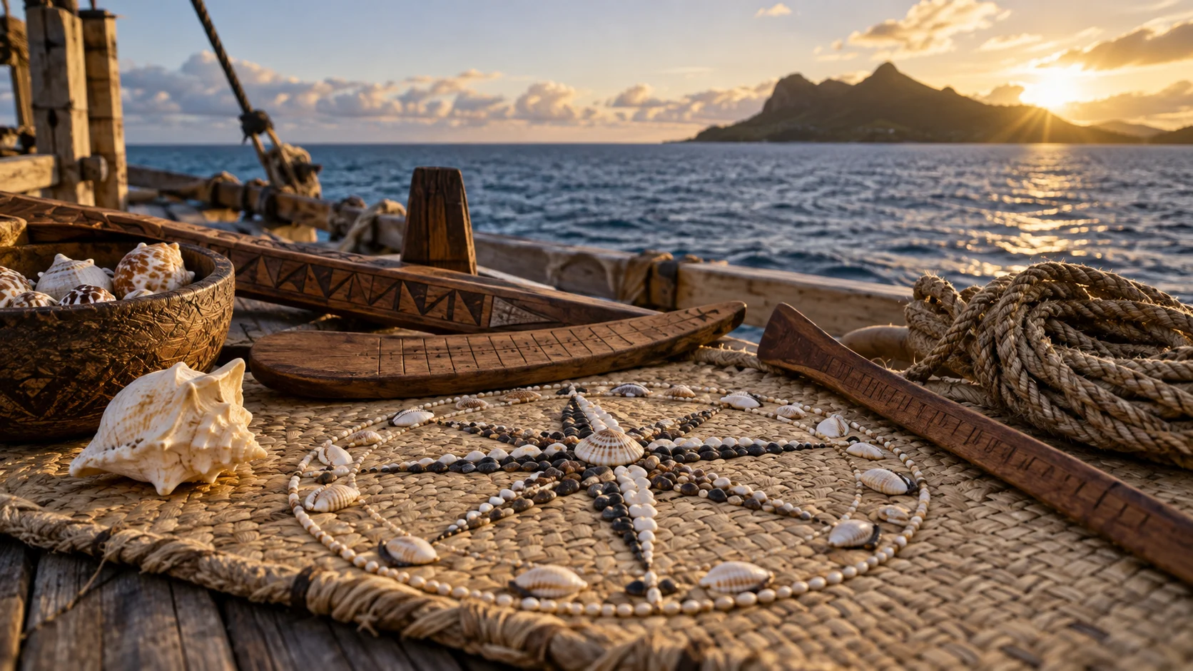 Shell star compass carved navigation tools and canoe rope beside the ocean