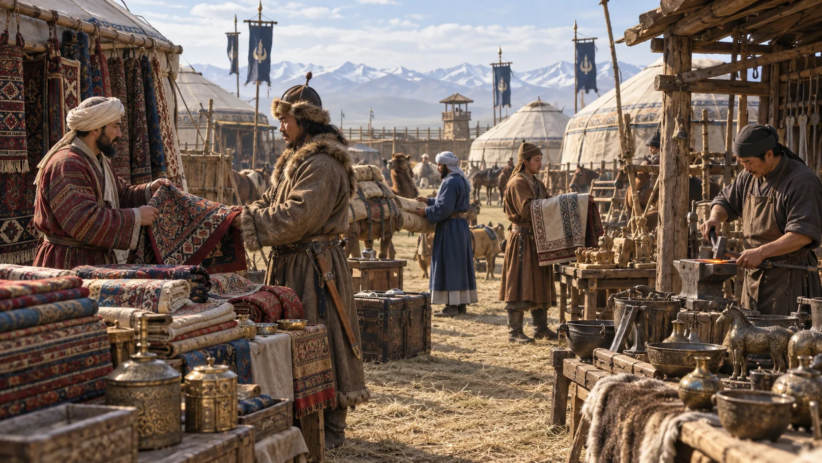 Merchants trading textiles and metalwork in a 13th-century Karakorum market