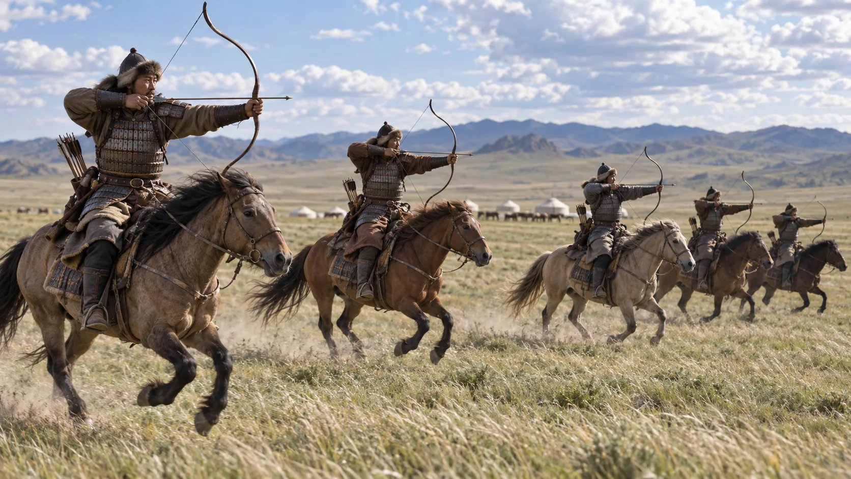 Mongol mounted archers practicing with composite bows on the open steppe