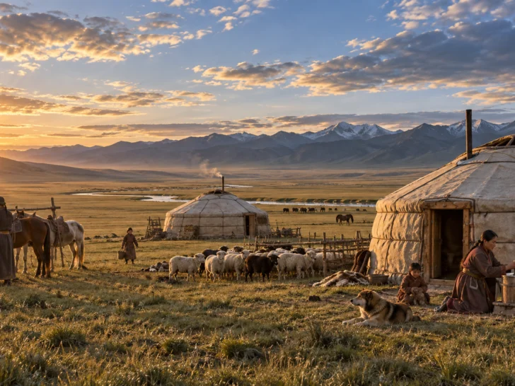 Felt gers horses and sheep in a Mongol pastoral camp at dawn