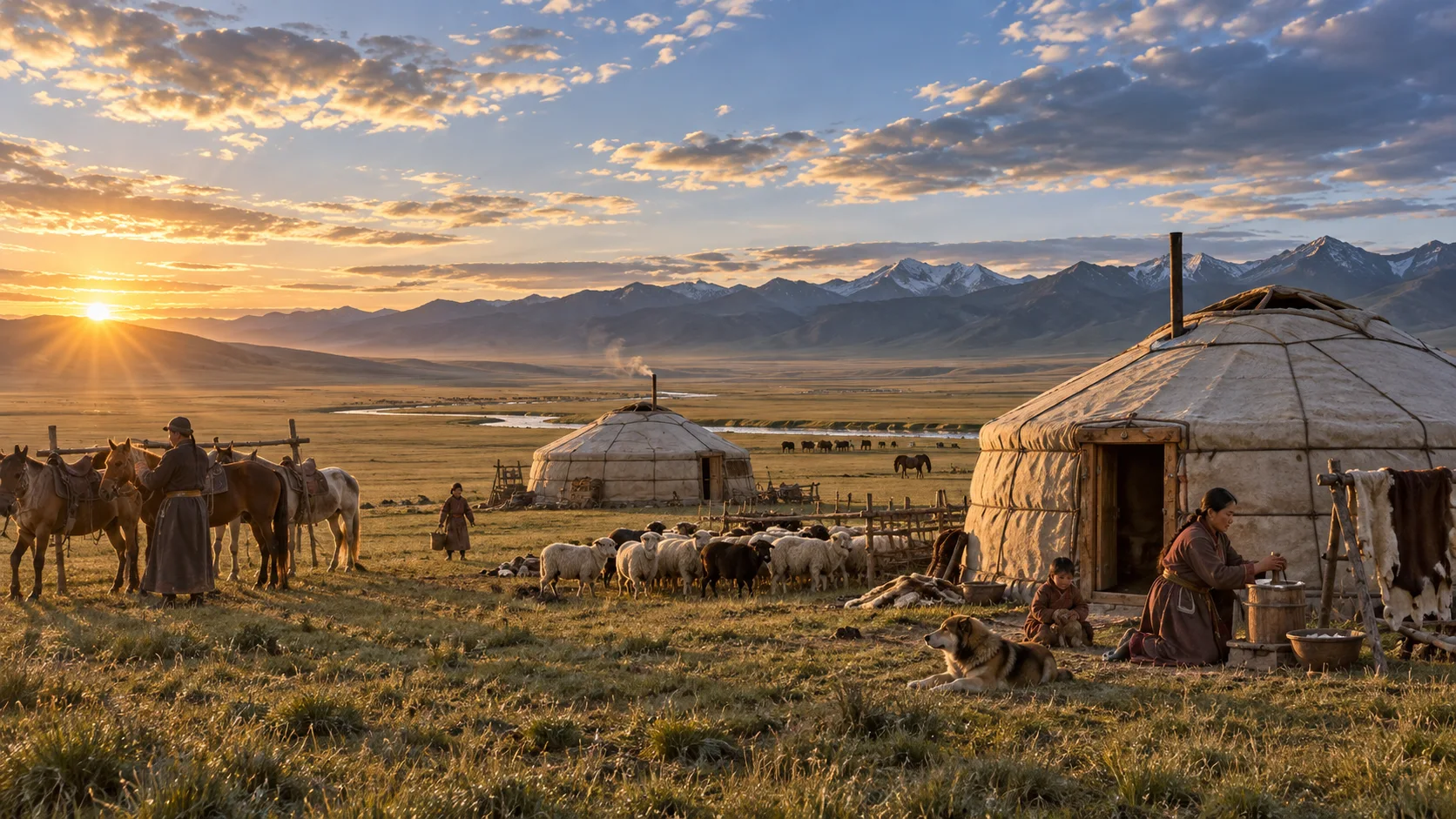 Felt gers horses and sheep in a Mongol pastoral camp at dawn