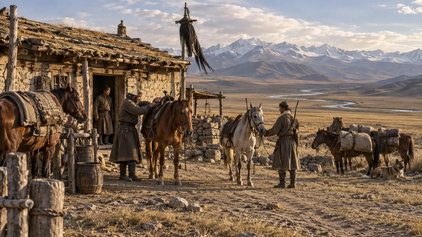 Messenger changing horses at a Mongol Empire relay station