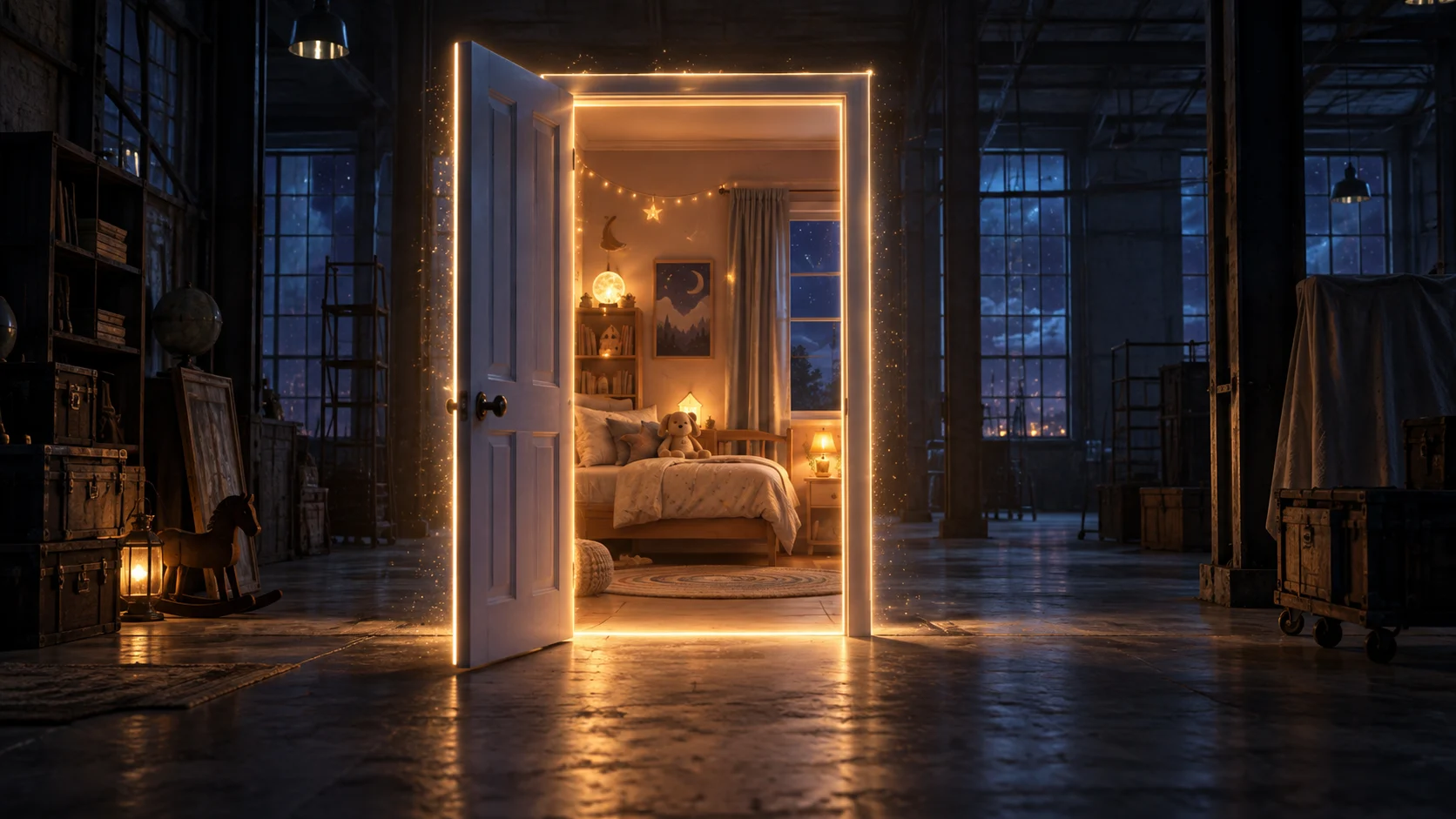 A child&rsquo;s bedroom seen through a glowing freestanding door