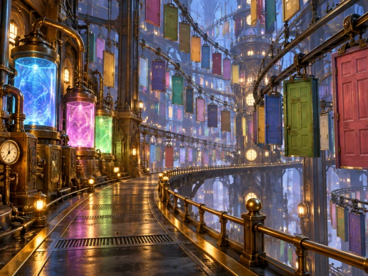 A whimsical factory corridor lined with thousands of colorful doors