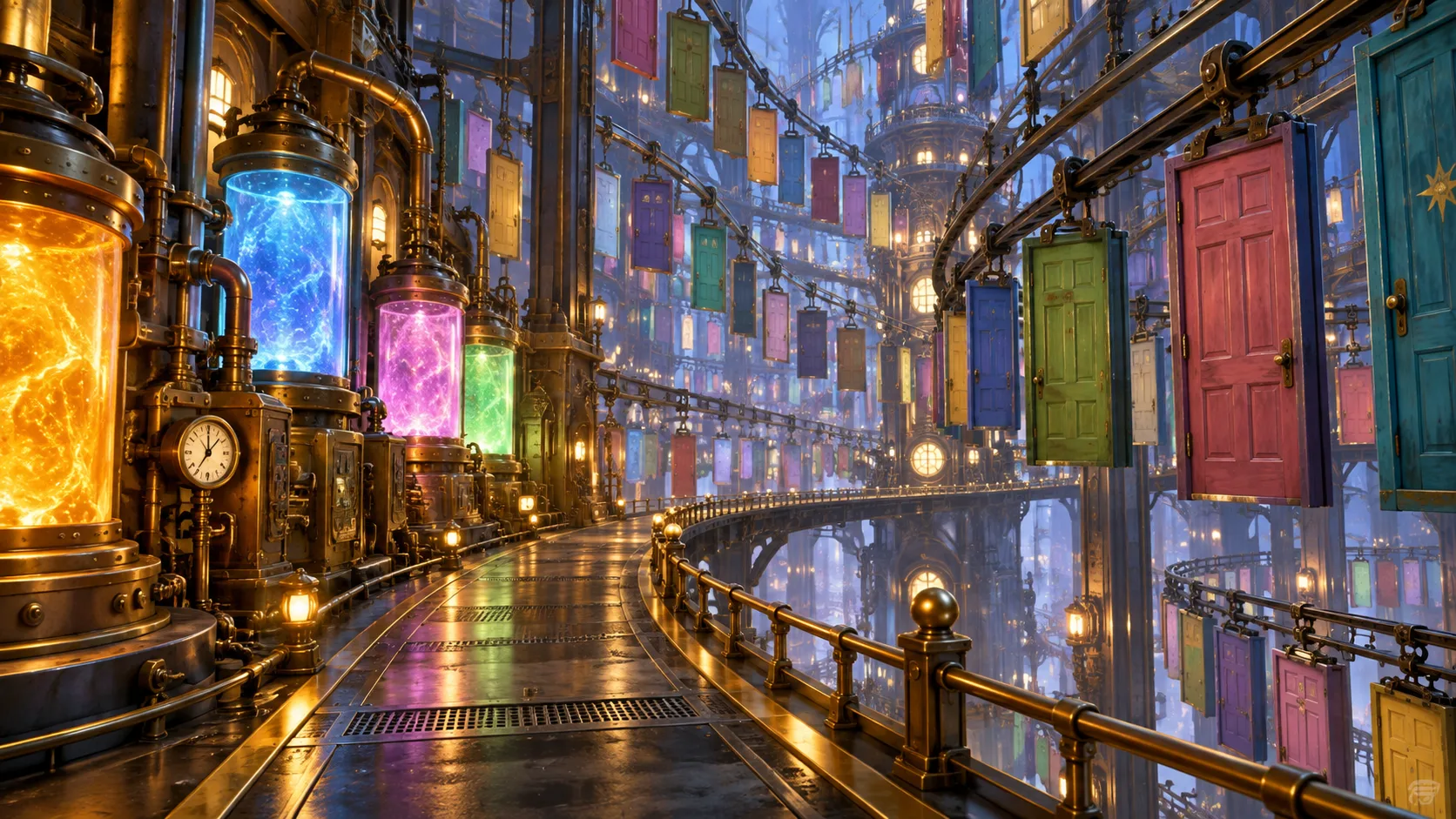 A whimsical factory corridor lined with thousands of colorful doors